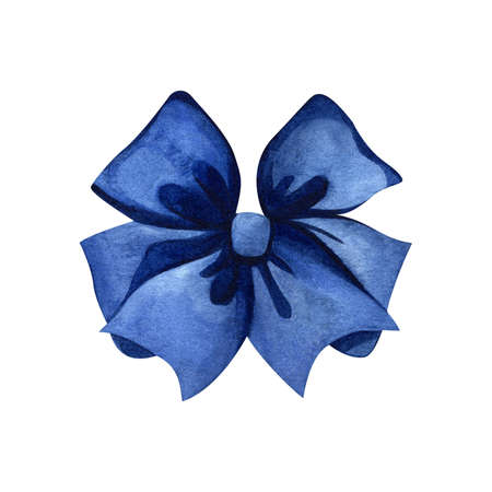 Watercolor illustration with blue satin silk bow. Set of illustrations of silk bows. Images are hand-drawn and isolated on white background.の写真素材