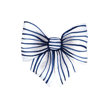 Watercolor illustration with striped blue and white satin silk bow. Images are hand-drawn and isolated on white background.の写真素材