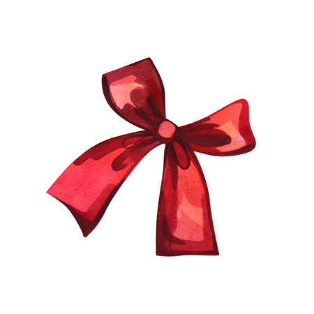 Red bow. Watercolor illustration. Images are hand-drawn and isolated on white background. Satin silk ribbon.の写真素材