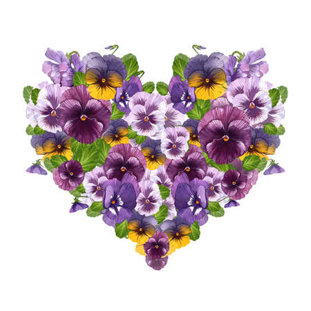 Vintage spring and summer flowers in the shape of a heart. Pansies. Watercolor illustration on...