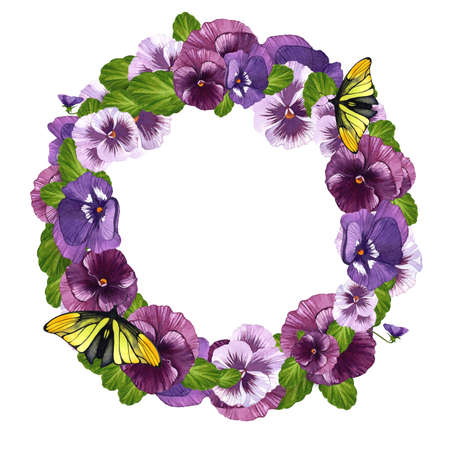 Wreath. Pansies with butterflies. Spring and summer flowers. Ready template. Watercolor illustration on isolated white background.の写真素材