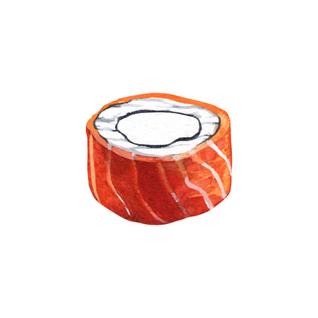 Sushi maki philadelphia. Roll with salmon. Watercolor illustration isolated on white background.の写真素材