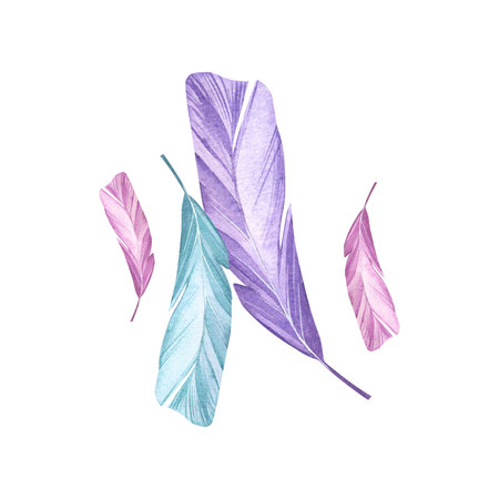 Pastel colored bird feathers. Boho style. Element from the world of magic. Watercolor illustration.の写真素材