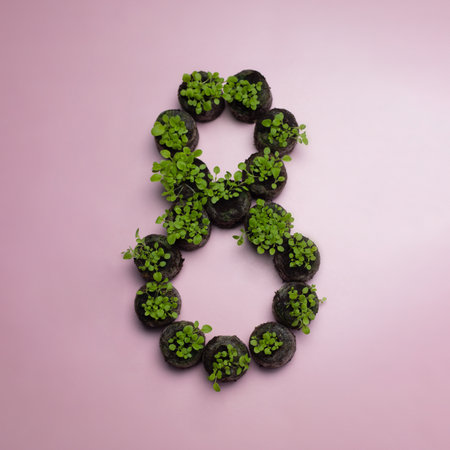 Gardening. Number eight from seedlings of petunia flowers in peat tablets. Pink background. 8 March.の写真素材