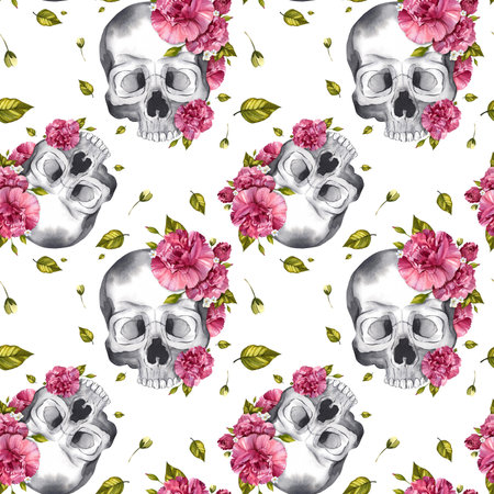 Seamless pattern. Skull with pink carnation flowers. The day of the Dead. Watercolor illustration for Halloween design. Isolated white background.の写真素材