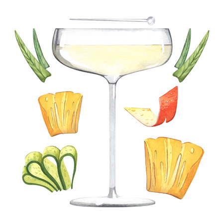 A set of cocktail and fruit to decorate the glass. Alcoholic drink with pineapple, cucumber, skewer and orange peel. Master class and bartending courses. Watercolor illustration on a white background.の写真素材