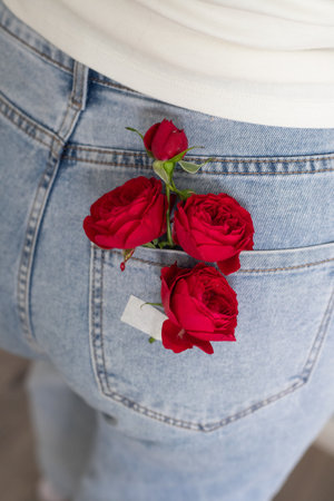 Cut spray roses in the pocket of blue jeans. Red flowers taped to fabric. Handsome fresh bunch....