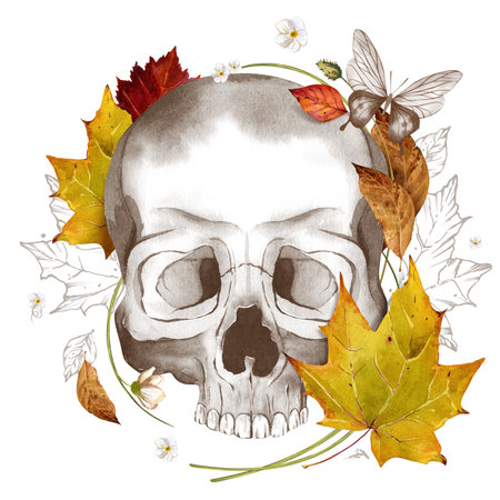 Human skull in autumn foliage, grass with a butterfly. Fallen leaves. Watercolor illustration. For Halloween design: cards, invitations, sketchbooks, stickers.の写真素材