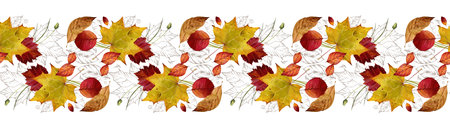 Seamless border of dry fallen leaves. Gold autumn. Deciduous trees. Pattern. Watercolor illustration on a forest theme. For the design of textiles, ceramics, packaging.の写真素材