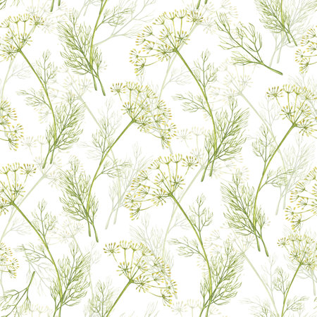 Dill. Seamless pattern of greenery. Gardening. Watercolor illustration. For textile design, packaging and backgroundsの写真素材