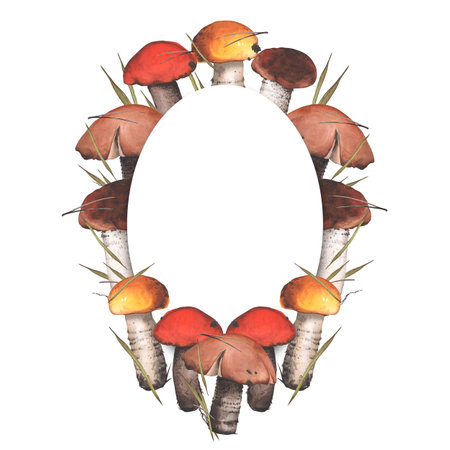 Oval frame of edible mushrooms with grass and dry branches. Template for text. Watercolor illustration on a forest theme. Vintage Porcini. For background design, textiles, packaging, cardsの写真素材