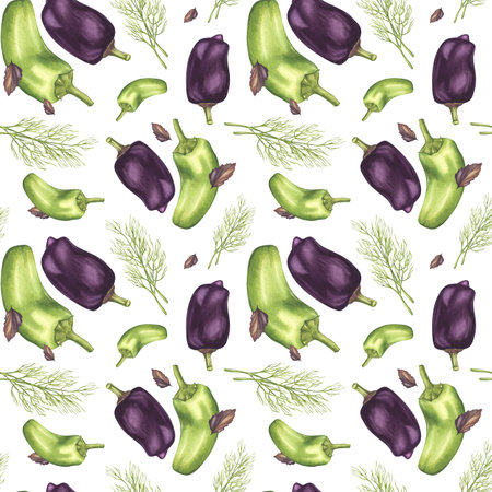 Green and purple peppers with dill and basil. Seamless background of vegetables. Watercolor illustration on the theme of gardening and growing crops. For background design, packaging, textilesの写真素材
