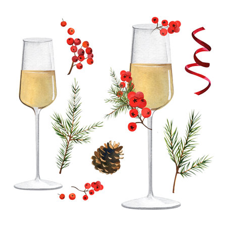 Set: a glass of champagne with berries and fir branches. New Years cocktail. Glamorous drink. Watercolor illustrations on isolated white background. For the design of cards, invitations, postersの写真素材