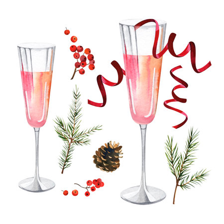 Set: a glass of champagne, wild berries, fir branches and a pine cone. Sparkling wine with serpentine. Glamorous drink. New Years cocktail. Watercolor illustrations on isolated white backgroundの写真素材