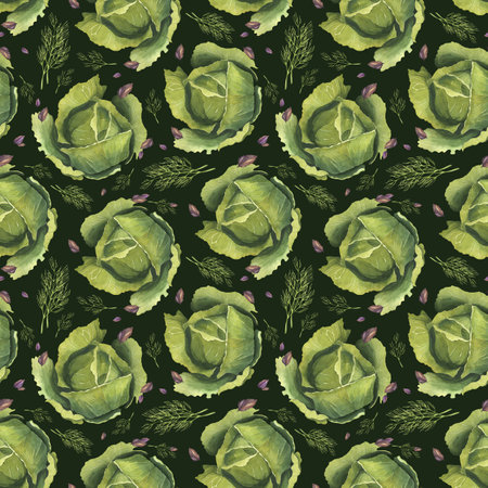 Cabbage with basil and dill. Seamless background of green vegetables. Watercolor illustration on the theme of gardening and growing crops. For background design, packaging, textilesの写真素材