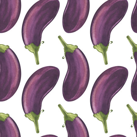 Purple eggplant. Seamless pattern of vegetables. Watercolor illustration of autumn harvest. For background design, textileの写真素材