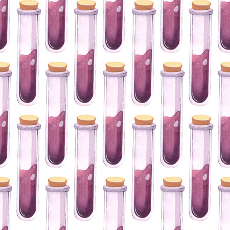 Test tubes with pink liquid. Elixir. Seamless pattern. Watercolor illustration. Alchemy. For background design, textiles, packagingの写真素材