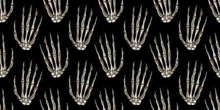 Seamless pattern of human bones. Hand bone. The day of the Dead. Halloween watercolor illustration for background design, packaging, textileの写真素材