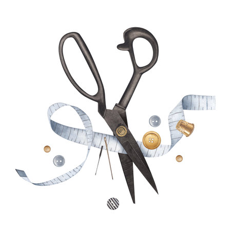 Tailors scissors with measuring tape, needles, buttons and gold thimble. Tailoring to order, atelier, sewing workshop. Watercolor illustration on isolated white backgroundの写真素材