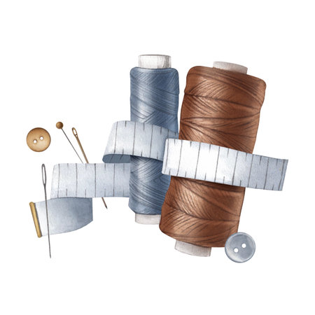 Sewing spools surrounded by measuring tape, buttons, sewing and craft needles and buttons. Sewing...