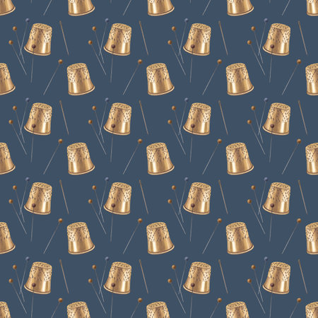 A thimble is a cap to protect your finger during embroidery, needlework, and sewing. Pins and needles. Seamless pattern of seamstress working tools. Watercolor illustrationの写真素材