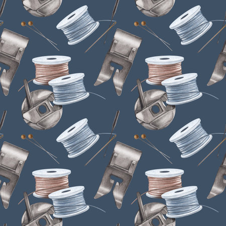 Bobbin case and spools of sewing thread. Seamless pattern of sewing machine parts, pins and needles....