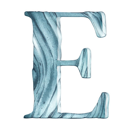 Blue wooden letter E. Driftwood - wood washed by salt water, the sea. Watercolor illustration for background design, packaging, poster. Isolated white backgroundの写真素材