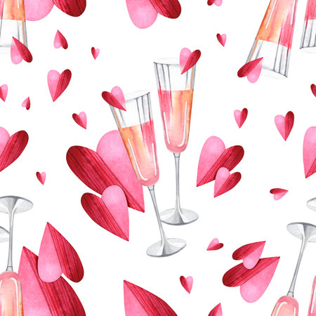 Seamless pattern of glasses with pink champagne and a heart. Cocktails for lovers. Glamorous drink. Watercolor illustration of a Valentines Day ornament. For packaging design, background, bannerの写真素材