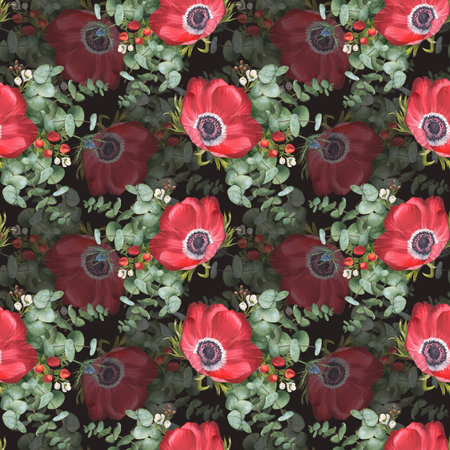 Bouquet of red anemones, eucalyptus, hypericum and eryngium. Watercolor illustration. Seamless...