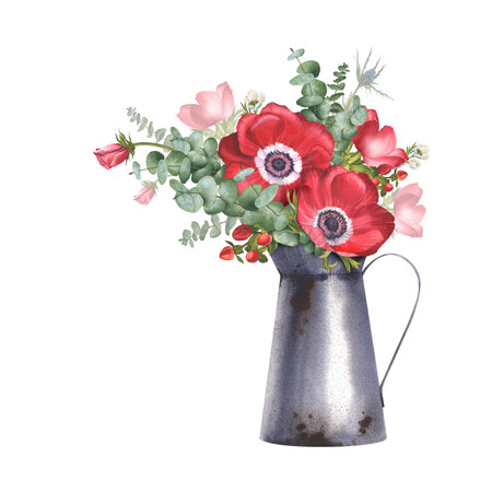 Bouquet of red anemones in a metal jug with eucalyptus St. Johns wort and eryngium. Watercolor illustration. Flower arrangement with poppies and greenery in a vase. Spring cards, flower shopsの写真素材