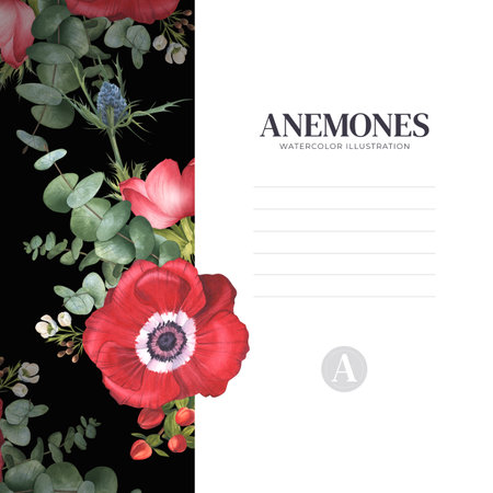 Bouquet of red anemones with eucalyptus St. Johns wort and eryngium. Watercolor illustration. Floral arrangement with poppies and greenery. Spring banner, cards, flower shopsの写真素材