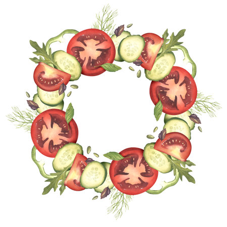 Cucumber, tomato, pepper slices with basil and dill leaves. Watercolor illustration. Fresh organic vegetables and aromatic herbs. Wreath for menu, banner, vegetable shop design. Farm productsの写真素材