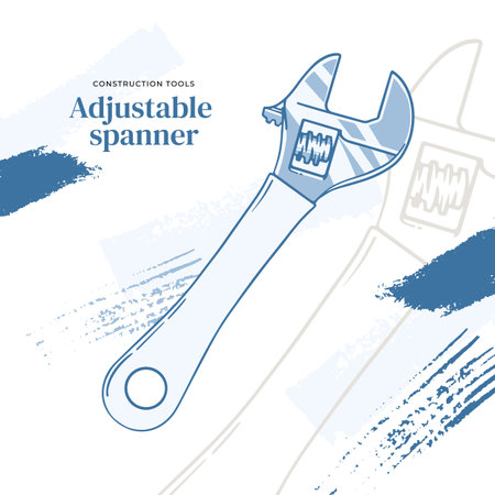 Adjustable Spanner with strokes on background. Construction tool for rotating nuts, bolts. Vector illustration, blue color. Adjustable wrench. Item for repair. Flat, line artのイラスト素材