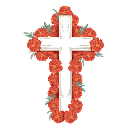 Cross with red marigolds. Watercolor illustration. Tagetes flowers for the day of the dead. Live flowers in the cemetery. Bright composition of sempasuchitlの写真素材