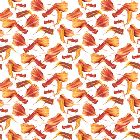 Marigold petals, red-orange. Watercolor illustration. Seamless pattern of scattered Cempasuchil. Background from marigolds. Ornament for textile design, packagingの写真素材