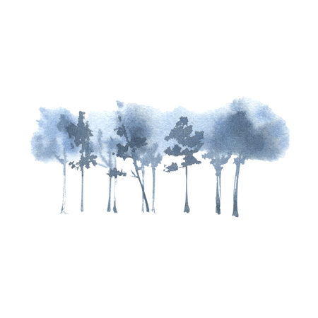 Winter trees. Watercolor illustration in monochrome blue. Abstract silhouettes of deciduous trees in fog. Clipart for design of postcards, packaging, labels. Winter landscapeの写真素材