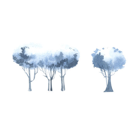 Winter trees. Watercolor illustration in monochrome blue. Abstract silhouettes of deciduous trees in fog. Clipart for design of postcards, packaging, labels. Winter landscapeの写真素材