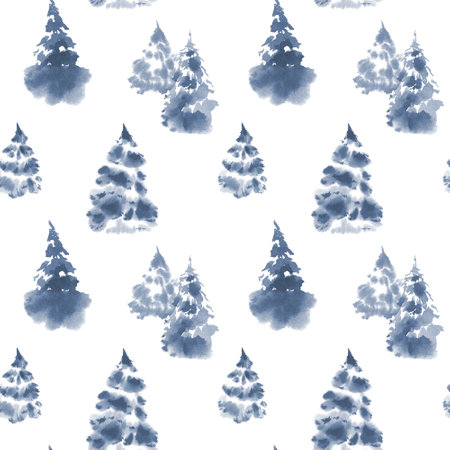 Fir trees, conifers. Watercolor illustration of seamless monochrome pattern. Silhouettes of snow-covered deciduous trees. Winter landscape. Abstract forest ornament. For textile, packagingの写真素材