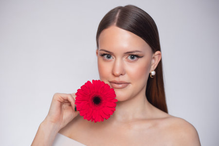 Woman with a red flower in her hands. Young beautiful woman with loose hair and bare shoulders with a red gerbera. For projects about fashion, beauty, spa and self-care. Makeup in beige tonesの写真素材