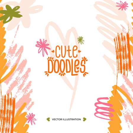 Marker style doodles and scribbles vector flat illustration. Template of childrens drawings of stripes, flowers and hearts. Cute pink and orange frame for summer background, camp, textileのイラスト素材