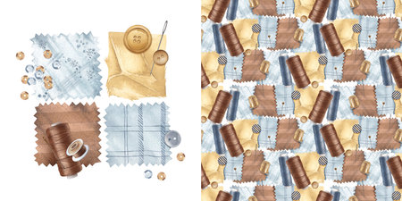 Fabric scraps with threads buttons and sequins watercolor illustration of seamless pattern. Ornament...
