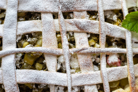 Pie with a lattice crust and powdered sugar on top. The crust is made of a pastry dough and the top is sprinkled with sugar. Sweet filling of rhubarb and sugarの写真素材