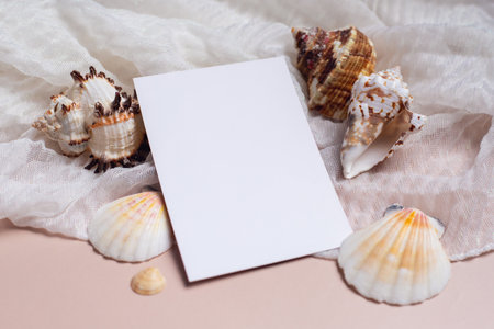 Mockup of a postcard with seashells on a pink background with fabric. Elegant composition with a blank white sheet for text. Vacation and travel conceptの写真素材