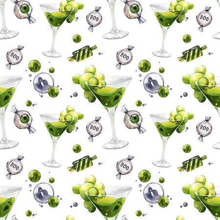 Spooky Halloween cocktail green with bubbles and sweets watercolor illustration seamless pattern. Ornament for Halloween themed drinks menu with lollipops. Martini glass with a glass and candiesの写真素材