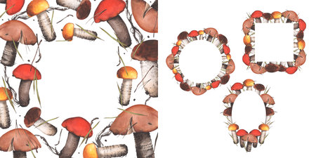 Set of mushroom frames watercolor illustration. Templates for autumn cards from edible forest mushrooms with bright red, yellow and brown caps. Porcini for background, invitationの写真素材