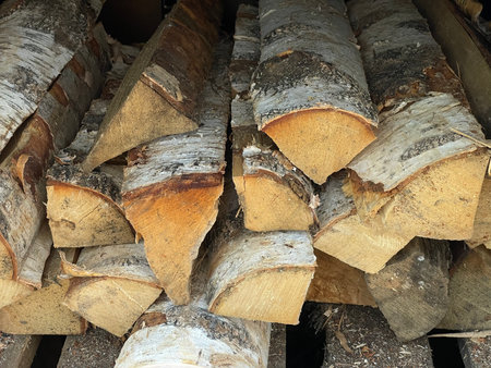 Birch firewood. Logs are stacked on top of each other. Wood for starting a fire, barbecue, bathhouse...
