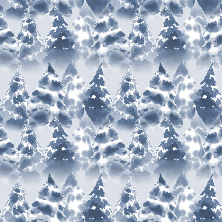Snow-covered firs seamless pattern in monochrome blue, watercolor illustration. Ornament from...