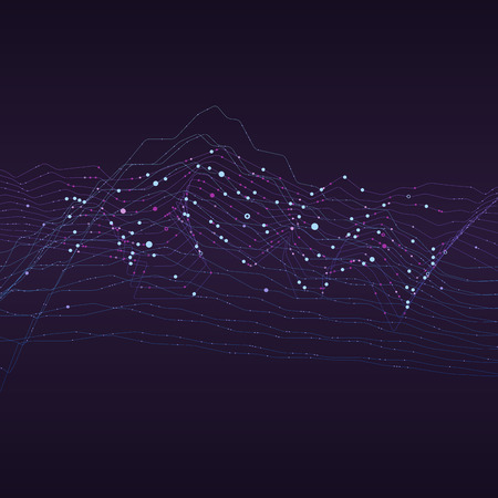 Big data stream futuristic infographic. Quantum computing, cryptography, trendy technologies infographic. Colorful particle wave. Bigdata visualization. Abstract visual data vector design.のイラスト素材