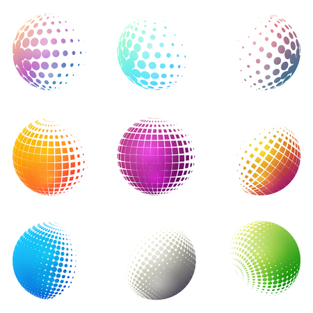 Set of minimalist shapes. Halftone bright color spheres isolated on white background. Stylish emblems. Vector spheres with dots, squares, rectangles for web designs. Simple signs collectionのイラスト素材