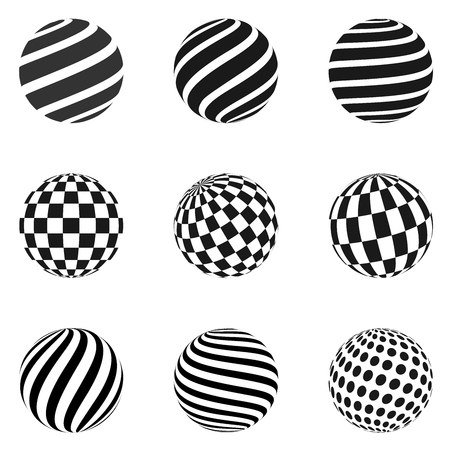 Set of minimalistic shapes. Halftone black color spheres isolated on white background. Stylish emblems. Vector spheres with stripes, dots, squares, rectangles for web designs. Simple signs collection.のイラスト素材